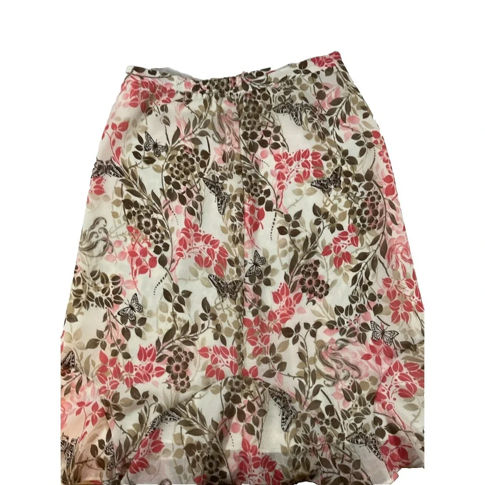 Alfred Dunner Pink & Beige Floral Sheer Lined Flared Bottom Midi Skirt Sz 14 J23